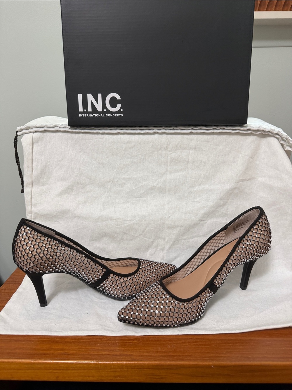 INC International Concepts Black Mesh Pointed-Toe Mid Heels